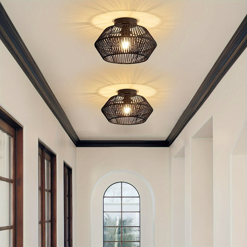 Lámpara de techo estilo boho de mediados de siglo, base E27, montaje semiempotrado, pantalla de 32.0 cm tejida a mano en ratán y metal, acabado barnizado, instalación cableada para dormitorio, pasillo, habitación infantil o sala de estar - Negro