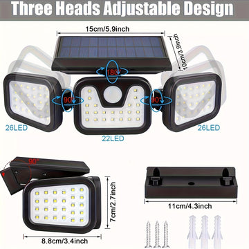 Luz de seguridad solar 74LED con sensor de movimiento para exteriores – 3 modos de iluminación, luz de seguridad con sensor de movimiento LED, luces de inundación solares para la puerta principal, patio, garaje, acera, camino