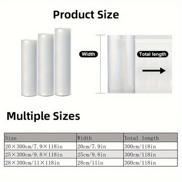 Paquete de 3 Rollos para Selladora al Vacío Agashe - 5m Cada Uno, Bolsas Texturizadas Multi-Ancho (11/7.9/9.5 pulg) para Almacenamiento Fresco de Alimentos, Material Duradero, Longitud Personalizable para Sous Vide y Almacenamiento a Granel, Compatible c