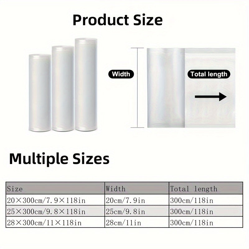 Paquete de 3 Rollos para Selladora al Vacío Agashe - 5m Cada Uno, Bolsas Texturizadas Multi-Ancho (11/7.9/9.5 pulg) para Almacenamiento Fresco de Alimentos, Material Duradero, Longitud Personalizable para Sous Vide y Almacenamiento a Granel, Compatible c
