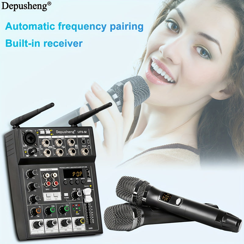 Mixer de audio profesional DEPUSHENG UF6-M de 6 canales, alimentado por USB, tensión de funcionamiento ≤36V, material ABS, receptor incorporado, dos micrófonos inalámbricos, consola de mezcla de sonido para vivo, boda, fiesta, grabación, emisión