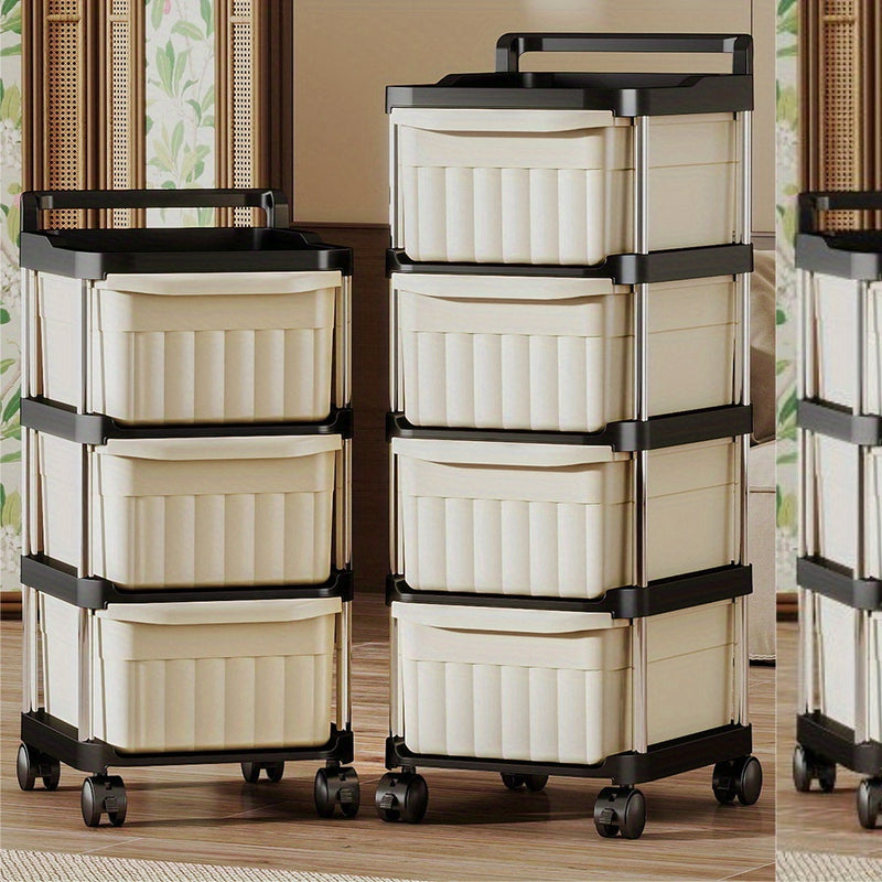 Carrito rodante delgado de 4 niveles con cajones - Organizador móvil de uso múltiple de color crema con ruedas de 360° para cocina, baño, dormitorio | Carrito estrecho de capas múltiples para snacks, maquillaje, hogar, organizador de baño | Unidad de est