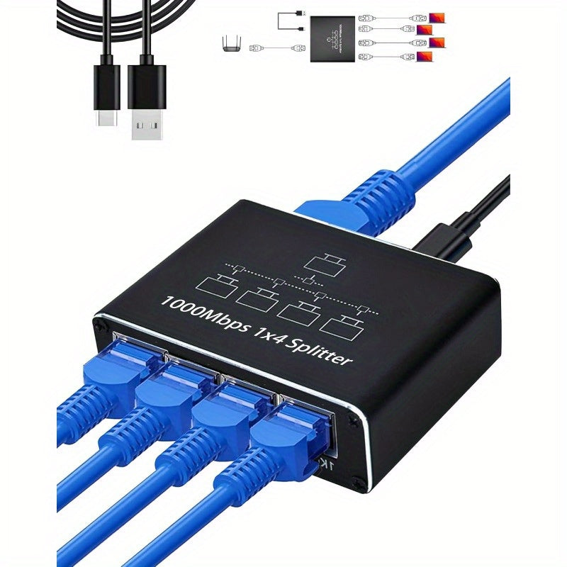 Divisor de red Ethernet de alta velocidad de 4 puertos 1000 Mbps, alimentado por USB con conector RJ45 y cables Cat5/5e/6/7/8, Internet de gigabit para 4 dispositivos conectados simultáneamente, conectividad de red, conectividad versátil, accesorio moder