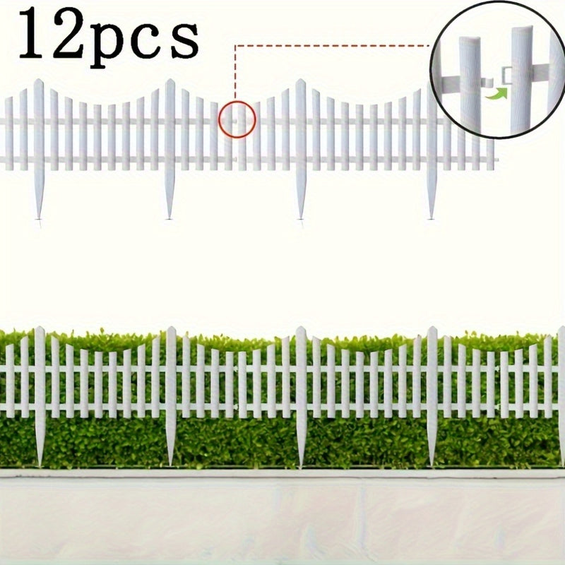 12 piezas de valla de jardín de plástico blanco - Borde duradero para césped y macetas, ensamblaje fácil, diseño resistente al tiempo, uso duradero, valla de piquete clásica para decoración de paisajes al aire libre, valla de borde de jardín | Diseño de