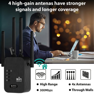 Amplificador de WiFi americano, 300Mbps 2.4GHz, penetración de señal fuerte, conecta hasta 35 dispositivos, 4 antenas de alta ganancia, cubierta de 9,14 metros, puerto Ethernet, configuración de un solo clic, adecuado para hogar, oficina, café.