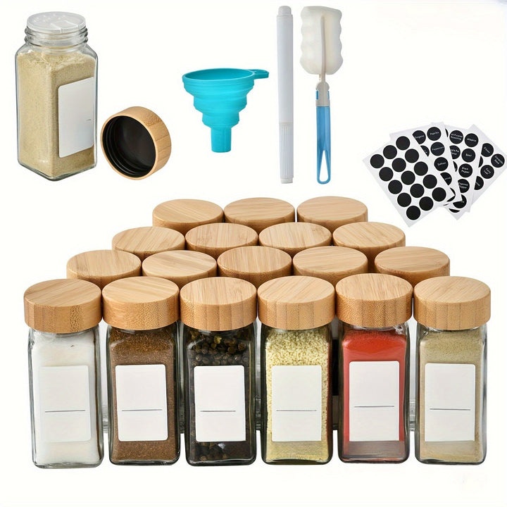 6, 12, 18 o 24 frascos cuadrados de vidrio para especias de 4 oz con tapa de bambú o aluminio, dispensador de polvo con agujeros, empaque de espuma perlada, ideal para barbacoa al aire libre