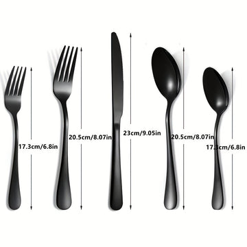 Juego de cubiertos de acero inoxidable estilo occidental, 40 piezas, para 8 personas, color negro, incluye cuchillo, tenedor, cuchara, tenedor de postre y cuchara de postre, ideal para restaurantes familiares, hoteles y banquetes de bodas, seguro para la