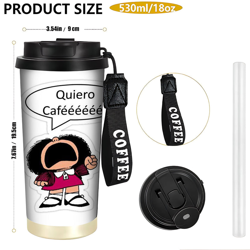 1 ud. Vaso de Acero Inoxidable de 18 oz con Diseño de Dibujos Animados de Mafalda y Texto "¿QUÉ COFFEEEEE!" - Termo Reutilizable Antifugas, Solo Lavado a Mano, Idea de Regalo para Amantes del Café, Accesorios para Cafetería