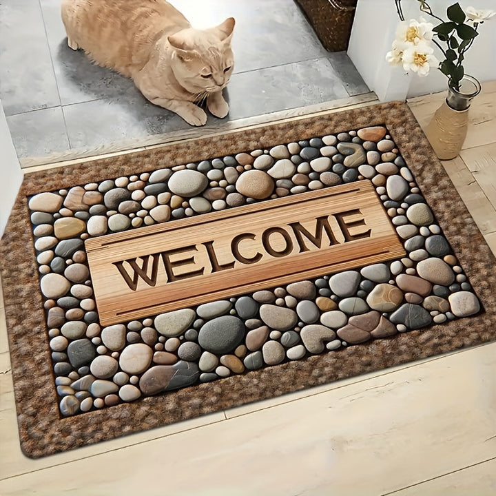 1 Alfombra de Bienvenida Antideslizante para Puerta - Diseño Duradero y Lavable en Máquina con Estampado de Piedra y Textura de Madera - Ideal para Decoración Rústica, Uso Todo el Año, Material de Poliéster, Entrada Acogedora | Aspecto Natural con Diseño