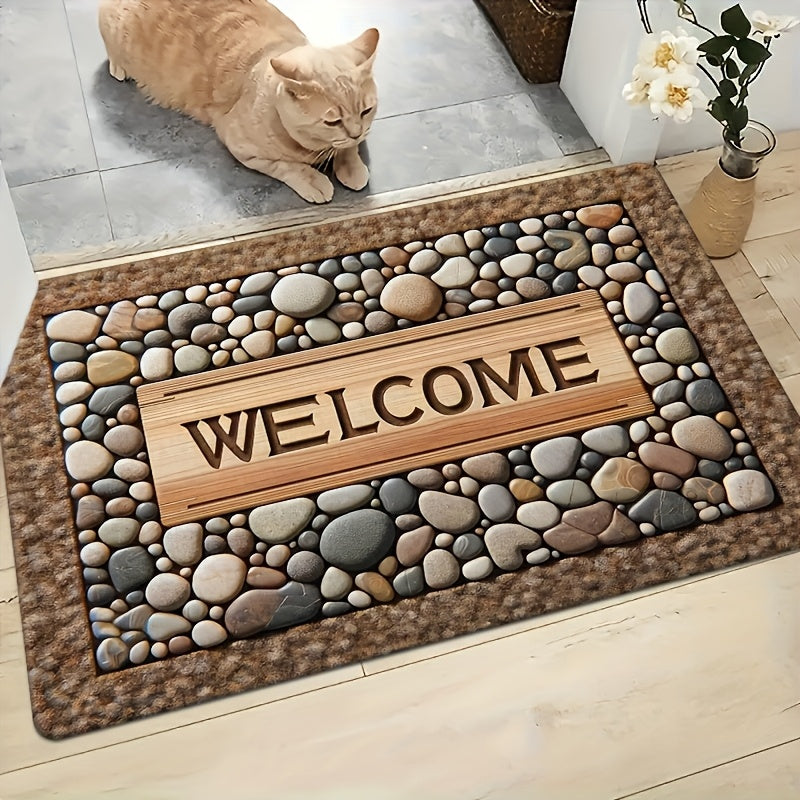 1 Alfombra de Bienvenida Antideslizante para Puerta - Diseño Duradero y Lavable en Máquina con Estampado de Piedra y Textura de Madera - Ideal para Decoración Rústica, Uso Todo el Año, Material de Poliéster, Entrada Acogedora | Aspecto Natural con Diseño