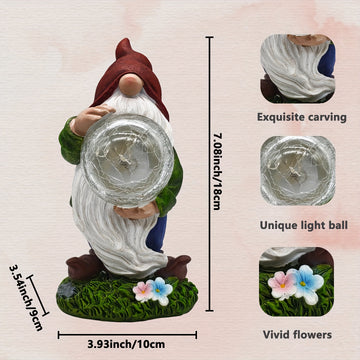 1 pieza de luz de estatua de gnomo alimentada por energía solar, hecha de resina, con sombrero rojo y elfo sosteniendo un globo roto, decoración de jardín al aire libre IP65 con control de botón, tema de cuento de hadas, perfecta para patio, césped y reg