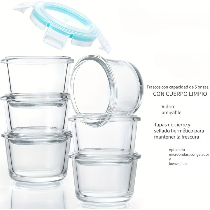 6 paquetes de recipientes de vidrio para almacenamiento de alimentos con tapas abatibles - Recipientes redondos multiusos y reutilizables - Sellado a prueba de fugas para refrigerios y salsas - Apto para microondas, congelador y lavavajillas