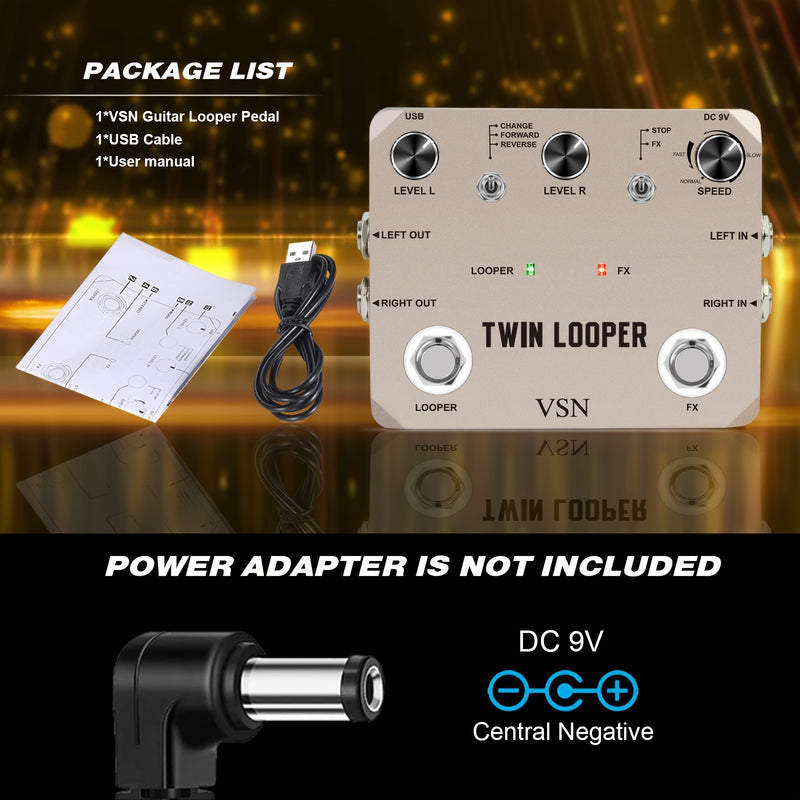 VSN TWIN LOOPER Pedal de efectos de guitarra, True Bypass, señal analógica de alta calidad, alimentado por USB, con bucle de 10 minutos, sobrescritura infinita y deshacer, controles de velocidad y reversa, función de bucle dual, interfaz de botón y peril