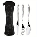 Juego de 3 piezas de cubiertos portátiles, cuchillo, tenedor y cuchara de acero inoxidable con estampado, para camping, barbacoa y uso familiar, incluye bolsa
