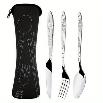 Juego de 3 piezas de cubiertos portátiles, cuchillo, tenedor y cuchara de acero inoxidable con estampado, para camping, barbacoa y uso familiar, incluye bolsa