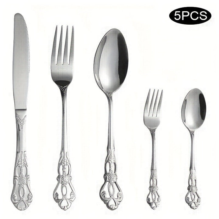 Juego de cubiertos de acero inoxidable con diseño retro grabado, 5/30 piezas, pulido espejo de alta gama, apto para lavavajillas, ideal para bodas, Navidad, San Valentín y regalos