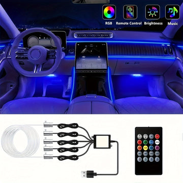 Luces LED para tablero de coche con alimentación USB y control remoto, iluminación ambiental interior de fibra óptica, sincronización de música, voltaje de funcionamiento de 5 V, no requiere batería.