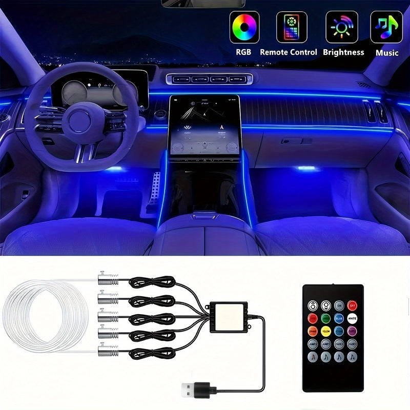 Luces LED para tablero de coche con alimentación USB y control remoto, iluminación ambiental interior de fibra óptica, sincronización de música, voltaje de funcionamiento de 5 V, no requiere batería.
