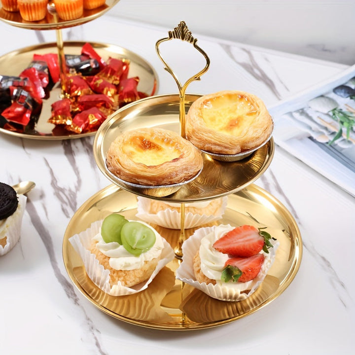 Elegante soporte para cupcakes de acero inoxidable de 2 niveles con asas doradas - Perfecto para celebraciones navideñas, bodas y ocasiones especiales, estante de exhibición seguro para alimentos para pasteles, galletas y refrigerios, ideal para mesa de