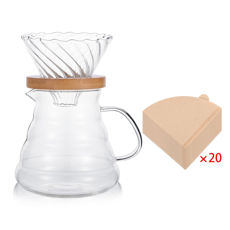 Juego de café artesanal, con espiral de vidrio con rayas diagonales y 20 filtros de papel V60
