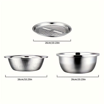 Juego de 3 tazones de acero inoxidable para cocina, tazones multifuncionales seguros para alimentos, con rallador integrado, inserto desmontable para rebanar en capas y sistema de escurrido, para lavar y cortar frutas, verduras y queso