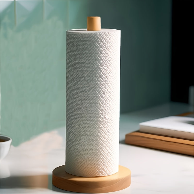 1pc Porta Pañuelos Simple - Dispensador de Madera Independiente para Cocina y Baño, Soporte Redondo para Encimera, Barra de 9.6 Pulgadas de Altura, Base de 3 Pulgadas de Diámetro, Instalación Autoadhesiva