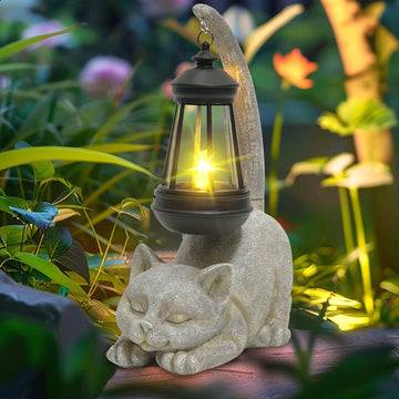 Estatua de Farolillo para Gatos con Energía Solar VOOKRY - Adorable Gatito Durmiendo con Cola Luminosa, Luz Decorativa para Jardín Exterior, Ideal para Patio, Césped o Regalo Festivo, Material Plástico, Batería de 600mAh, Carga Solar