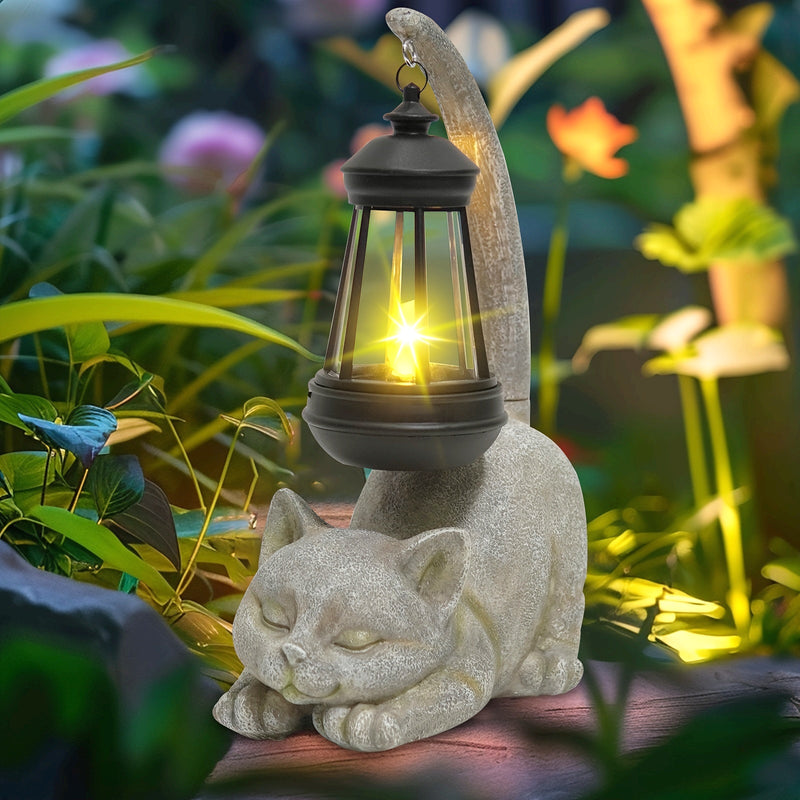 Estatua de Farolillo para Gatos con Energía Solar VOOKRY - Adorable Gatito Durmiendo con Cola Luminosa, Luz Decorativa para Jardín Exterior, Ideal para Patio, Césped o Regalo Festivo, Material Plástico, Batería de 600mAh, Carga Solar