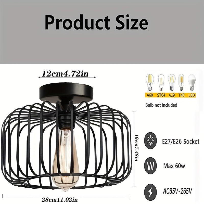 1 pieza de luz de techo semi-retratada negra para granja, instalación de techo de luz de pasillo de jaula de metal, luz de techo industrial ajustada para cocina, comedor, porche, dormitorio (excluyendo bombilla)