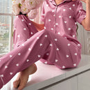 Pijama de manga corta con cuello estampado de corazones y pantalón largo, conjunto para estar en casa