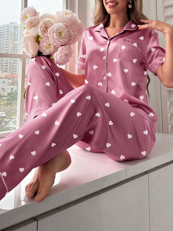 Pijama de manga corta con cuello estampado de corazones y pantalón largo, conjunto para estar en casa