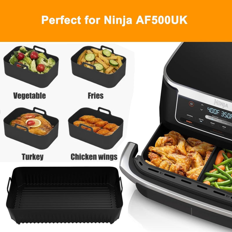 Conjunto de 3 Revestimientos de Silicona Antiadherentes para Freidora Ninja AF500UK y Cajón Foodi Flex - Bandejas Acanaladas Grandes de 5.19L/10.41L, Accesorios para Frígoro Profundo para Cocina Saludable, Utensilios de Cocina | Revestimientos Antiadhere
