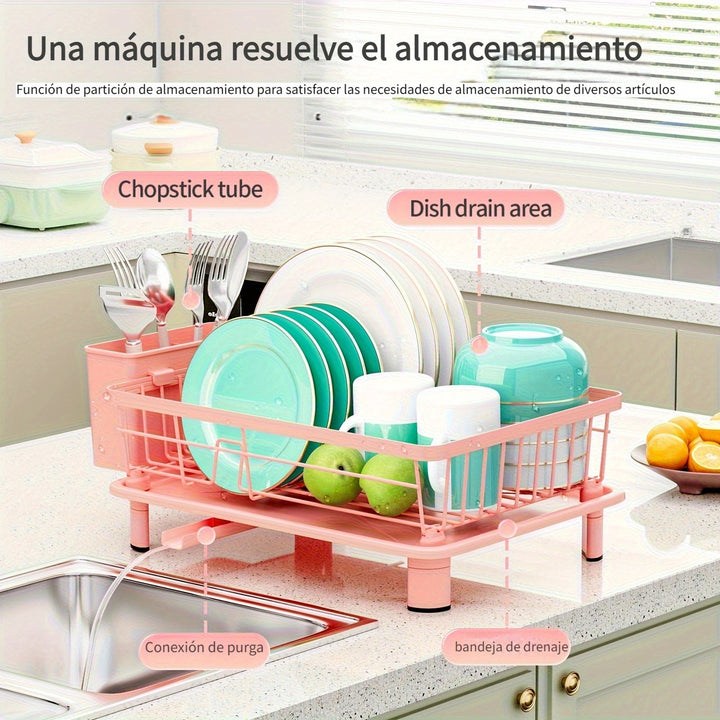 Organizador de cocina multifuncional con escurridor de platos, bandeja de drenaje y porta utensilios - Secador de platos para cubiertos, cuchillos, tenedores y palillos, ahorra espacio en la encimera