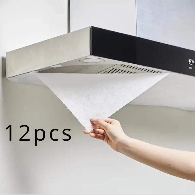 12 piezas de pantallas de filtro para campana de cocina - Alta absorción, fácil de instalar y reemplazar | Material de PE duradero, previene la acumulación de grasa | Ideal para extractores de humo de cocina doméstica, accesorios para campana de cocina