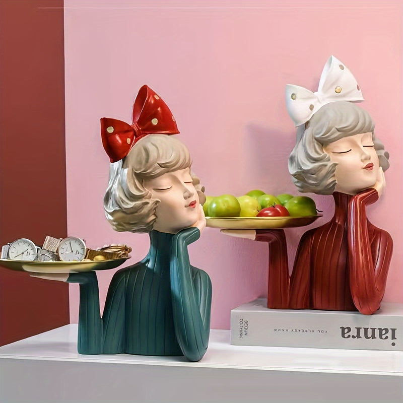 Figura Artística de Chica Abstracta con Bandeja de Almacenamiento - Decoración para el Hogar en Resina Pintada a Mano, No Necesita Baterías, Ideal para Navidad, Perfecta para Acción de Gracias, Sin Contacto con Alimentos