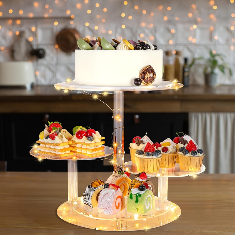 Soporte para pasteles redondo de acrílico con luces LED de 4 niveles, ideal para cumpleaños, bodas, graduaciones y baby showers, exhibidor seguro para alimentos de postres y pasteles, diseño temático para fiestas, exhibición de eventos | Soporte para pas