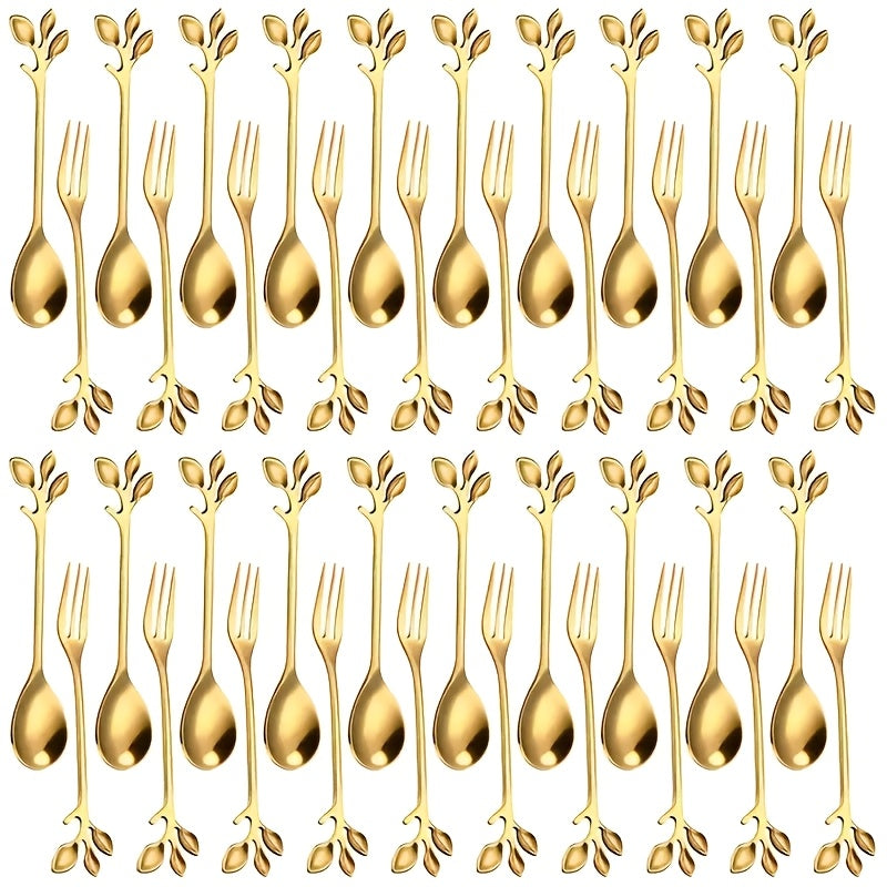 40 piezas, cuchara y tenedor de acero inoxidable dorado con diseño de flor de cerezo, utensilios de cocina elegantes, cuchara + tenedor, cubiertos para comedor y entretenimiento
