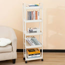Un versátil carrito de almacenamiento de cinco niveles en blanco/negro, adecuado para organizar baños, refrigerios de cocina, almacenamiento de dormitorios y organización de juguetes, fácilmente movible y portátil.