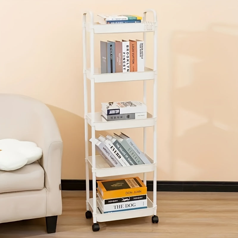 Un versátil carrito de almacenamiento de cinco niveles en blanco/negro, adecuado para organizar baños, refrigerios de cocina, almacenamiento de dormitorios y organización de juguetes, fácilmente movible y portátil.
