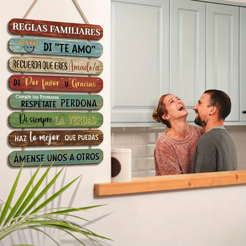 1 pieza de arte de pared de madera moderna con cita de reglas familiares - Señal inspiradora española de colores, adecuada para decoración del hogar y la oficina, fácil de colgar, pintura colgante con cuerda, decoración del hogar.