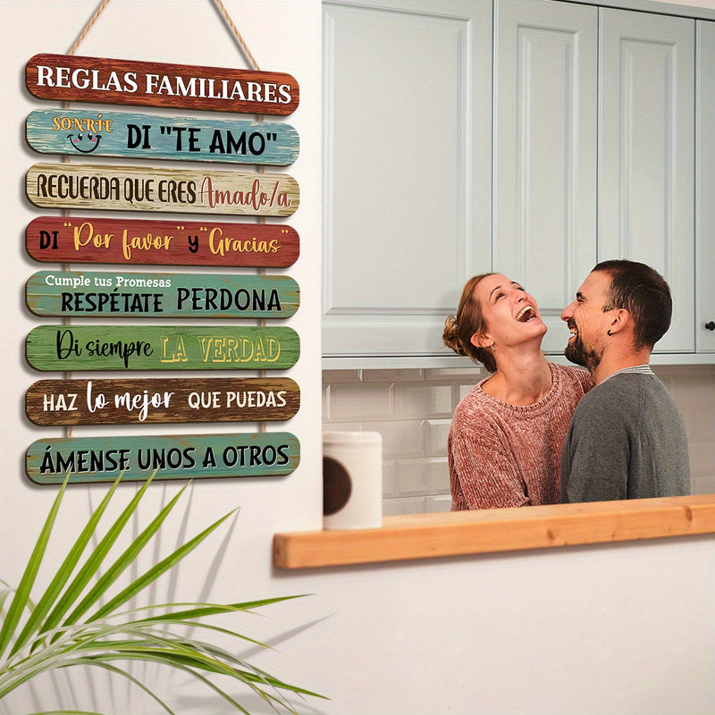 1 pieza de arte de pared de madera moderna con cita de reglas familiares - Señal inspiradora española de colores, adecuada para decoración del hogar y la oficina, fácil de colgar, pintura colgante con cuerda, decoración del hogar.