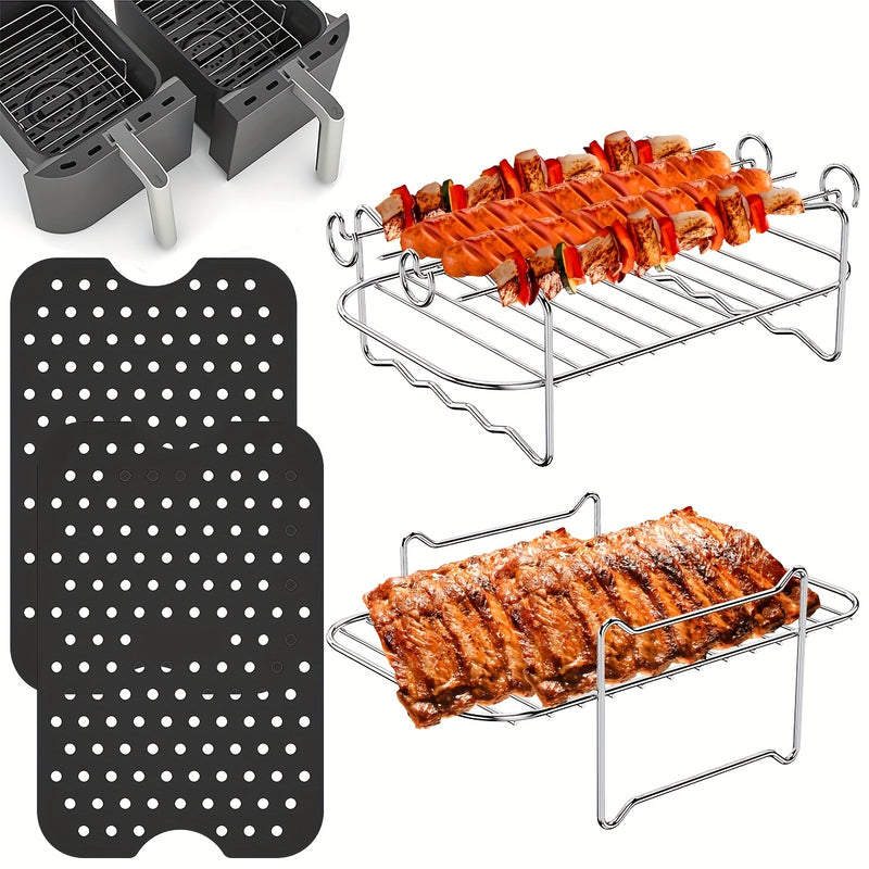 Juego de Accesorios para Freidora de Aire de 8 Piezas con 2 Tapetes de Silicona Antiadherentes, 2 Rejillas de Acero Inoxidable y 4 Brochetas - Resistentes al Calor, Reutilizables para Cocinar Saludable, Hornear y Asar - Incluye Compatibilidad con Cesta D