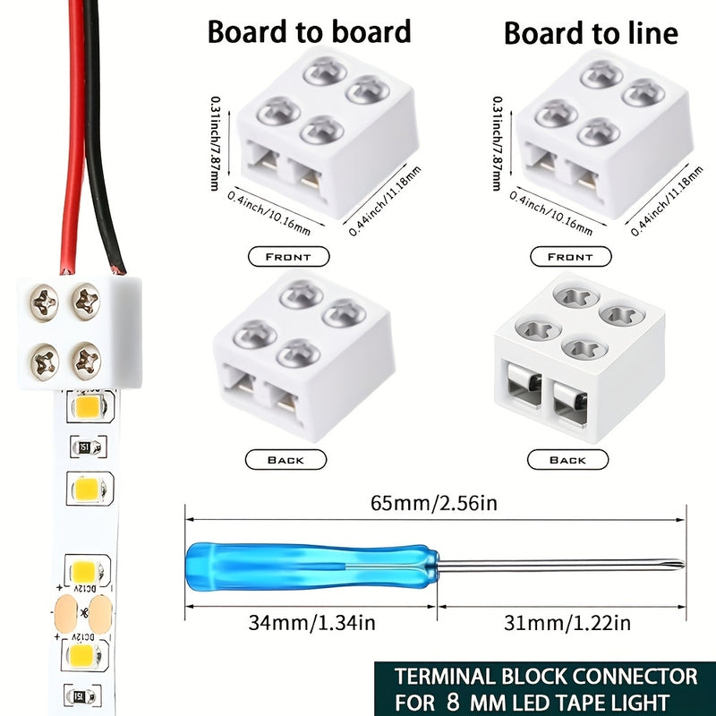 7 unidades de conectores de cinta adhesiva LED de fijación de tornillo, sin soldadura, 2 pines, 8 mm, placa a alambre, un destornillador, adecuado para tiras LED 2835 y 3528.
