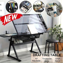 Mesa de dibujo de vidrio negro con cajón lateral y banqueta acolchada en cuero sintético - Sin necesidad de energía eléctrica, diseño sin madera para oficina en casa
