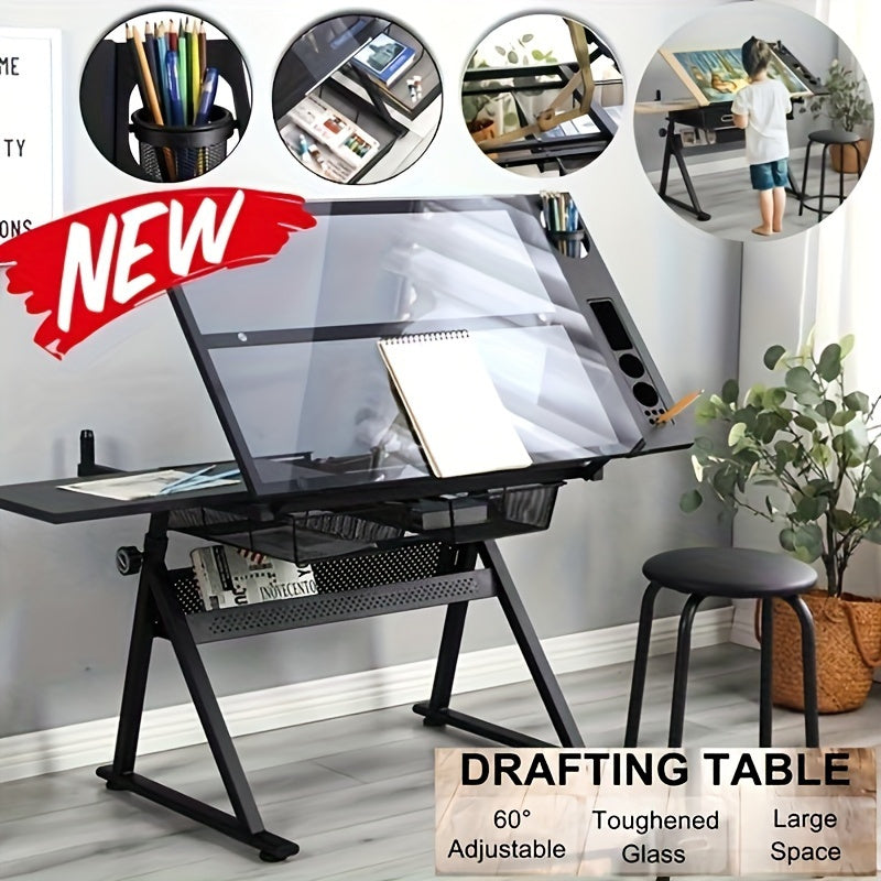 Mesa de dibujo de vidrio negro con cajón lateral y banqueta acolchada en cuero sintético - Sin necesidad de energía eléctrica, diseño sin madera para oficina en casa