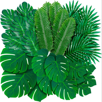 70 piezas de decoración para fiestas hawaianas con plantas verdes artificiales, hojas de palma tropicales falsas en 6 tamaños con tallos, ideales para decoración de primavera y verano al aire libre, Día de San Patricio, Pascua, fiestas con temática de ju