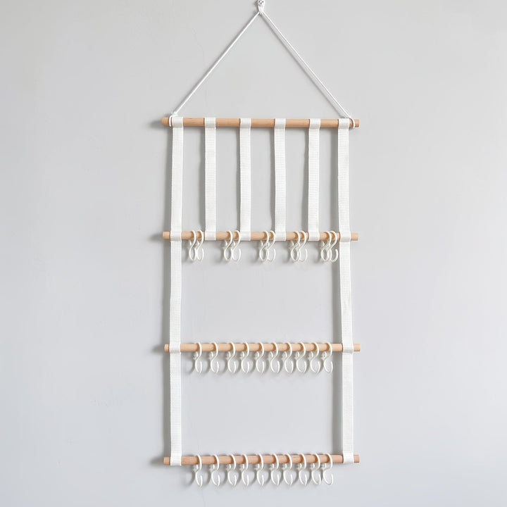 Estantería de almacenamiento para accesorios para el cabello con palos de madera, decoración de pared colgante para el hogar, 3 capas de creatividad, equipada con 30 ganchos de plástico desmontables