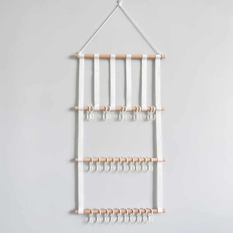 Estantería de almacenamiento para accesorios para el cabello con palos de madera, decoración de pared colgante para el hogar, 3 capas de creatividad, equipada con 30 ganchos de plástico desmontables
