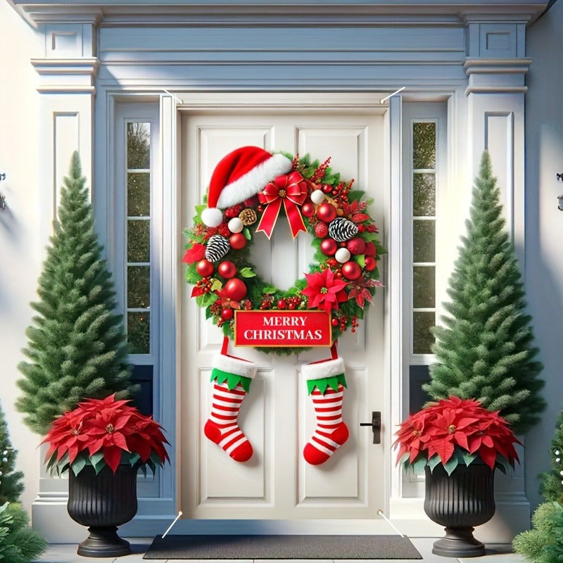 Anillo de Puerta con Gorro de Santa y Calcetín - Decoración Navideña Festiva, Fibra de Poliéster, No Necesita Energía, 89.92x180.09cm, Perfecto para Decoración de Fiestas Interior/Exterior