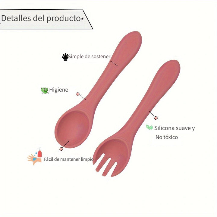 2 piezas de cuchara y tenedor de silicona para bebés - Suministros de alimentación para bebés aptos para lavavajillas, cuchara y tenedor de silicona - Inicio de sólidos para artículos esenciales para bebés